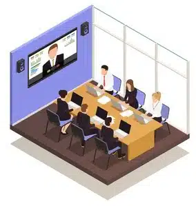 A person participating in an online meeting with a laptop and phone, illustrating our team's availability for virtual consultations at our website design agency.