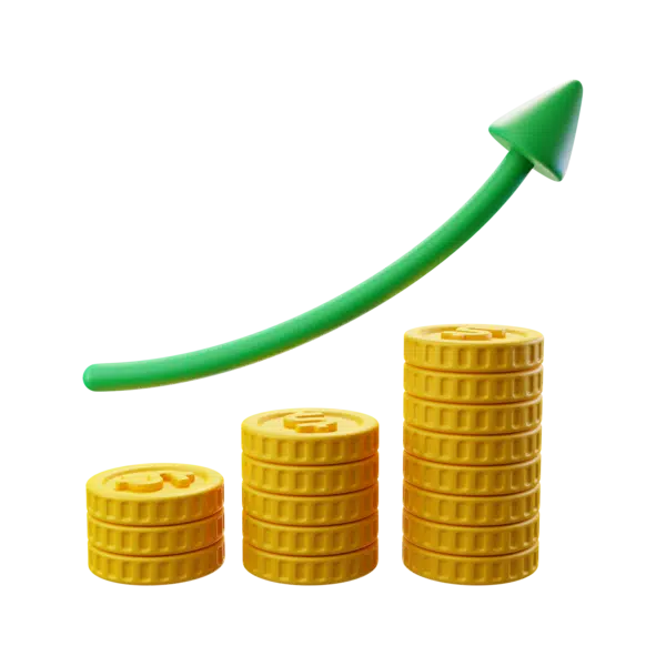 Stacks of coins with an arrow going up - Symbolizes financial growth and success and conversion rate.